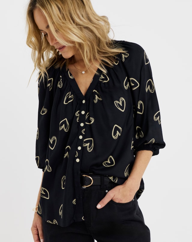 Heart Print Collarless Button Through Blouse