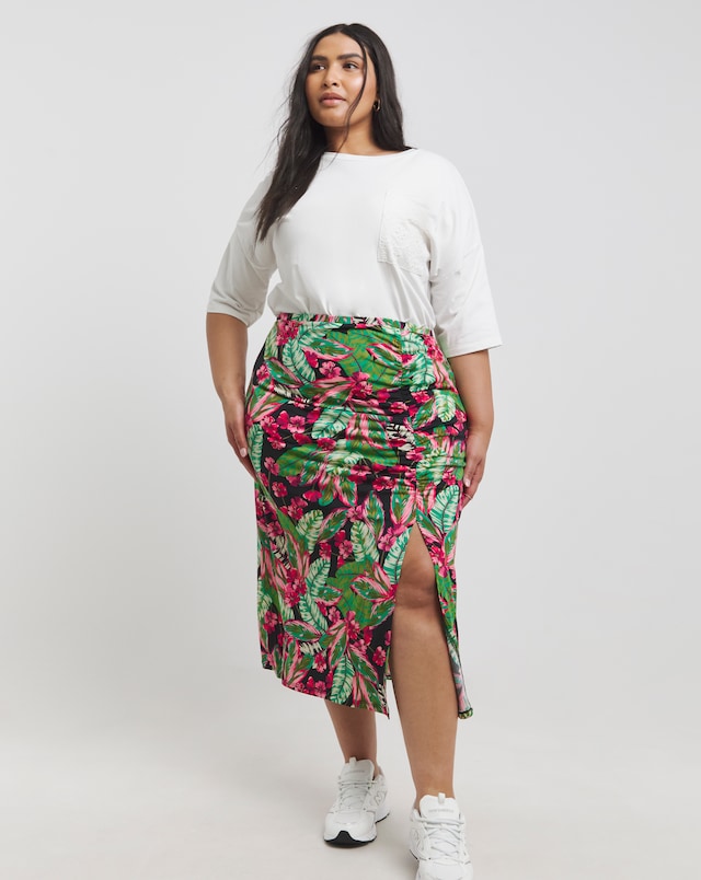 Tropical Print Ruched Detail Jersey Midi Skirt