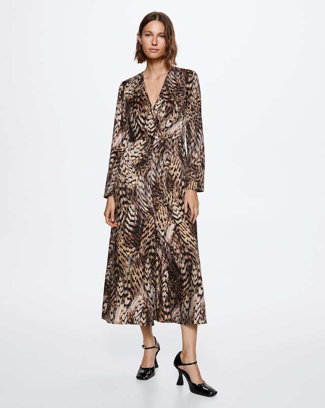 Mango Pluma Animal Print Long Sleeve Midi Dress