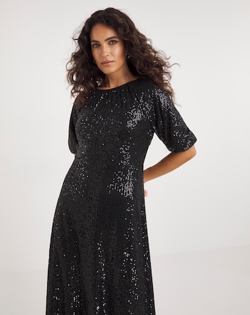 Linear Sequin Puff Sleeve Midi Dress