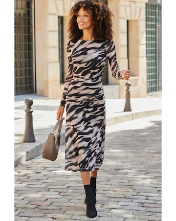 Sosandar Neutral Textured Print Mesh Dress