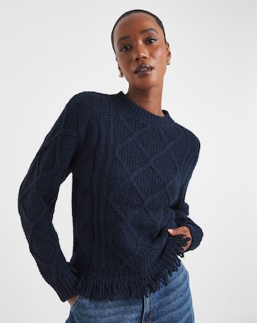 Cobalt Crew Neck Fringe Hem Jumper