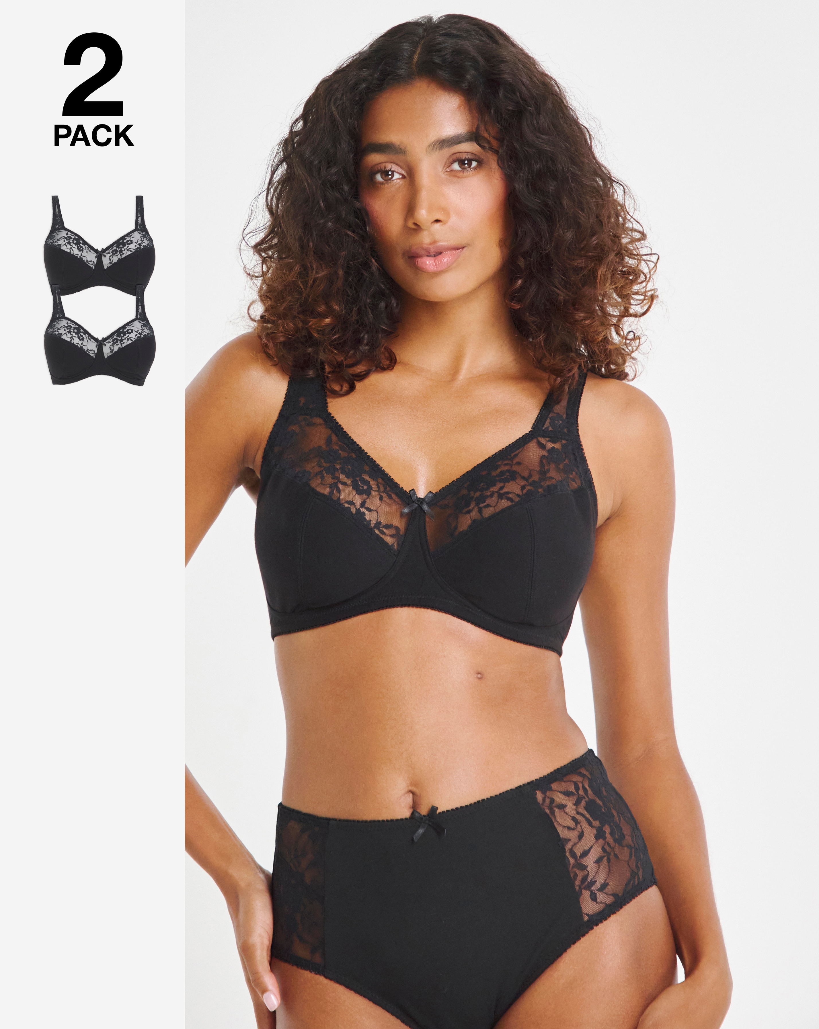 Pretty Secrets (2 Pack) Cotton Lace Non Wired Full Cup Bras B-G Black/Black