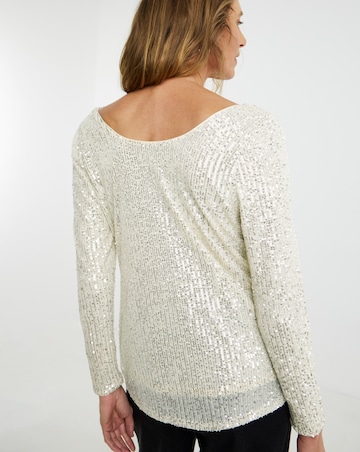 Sequin Slash Cowl Neck Long Sleeve Top