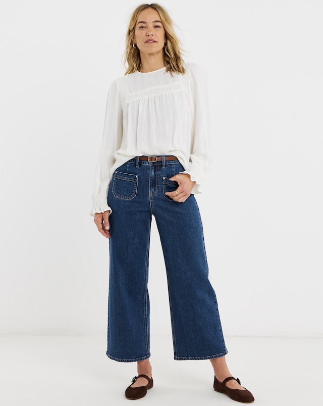 Mid Blue Authentic Pocket Front Wide Crop Jeans