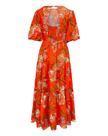 Linen Mix Smock Dress With Puff Sleeves and Open Back