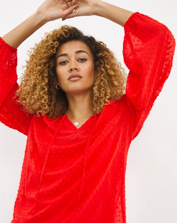 Bright Orange Long Sleeve Tie V Neck Dobby Top