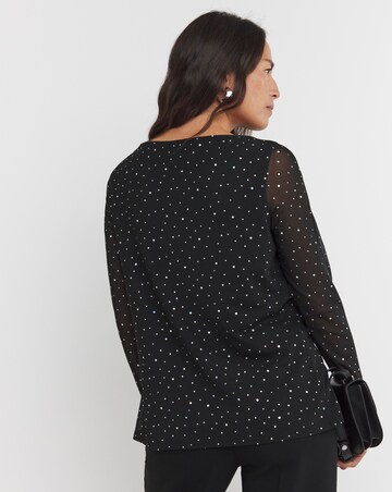 Black Crew Neck Long Sleeve Glitter Mesh Top