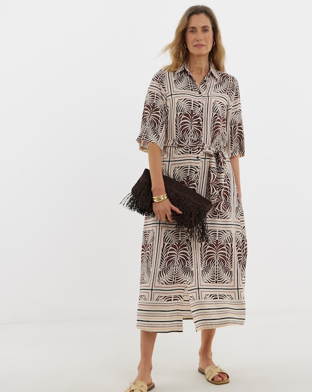 Palm Print Belted Shirt Dress