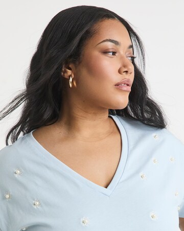 Simply Be Blue V Neck Flower Embroidery & Pearls T-Shirt