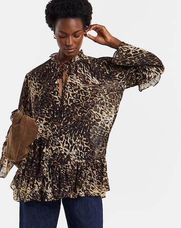 Womens Asymmetric Frill Long Sleeve Blouse - Blue Abstract