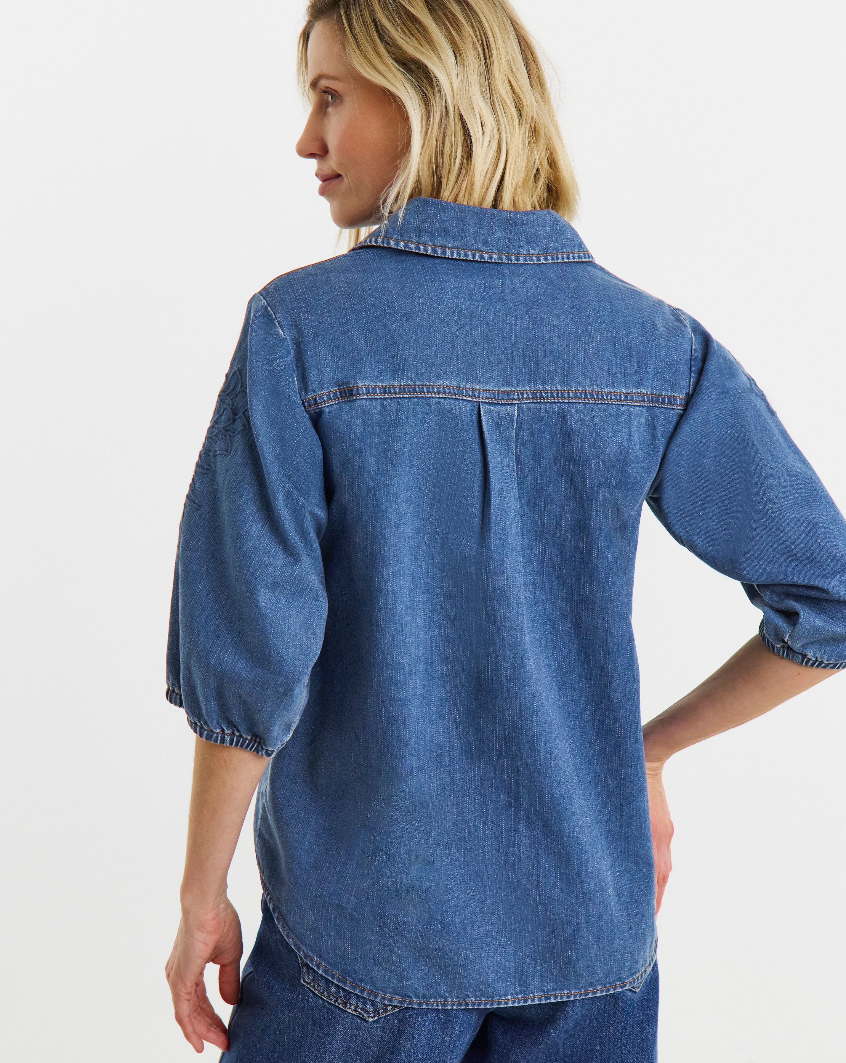 Mid Blue Embroidered Denim Shirt | JD Williams