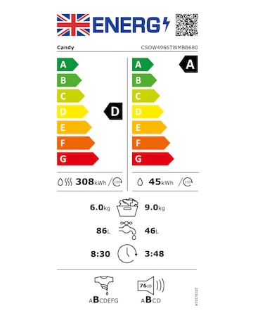 Candy CSOW4966TWMBB680 Smart Pro Inverter 9/6kg Washer Dryer Black + Install