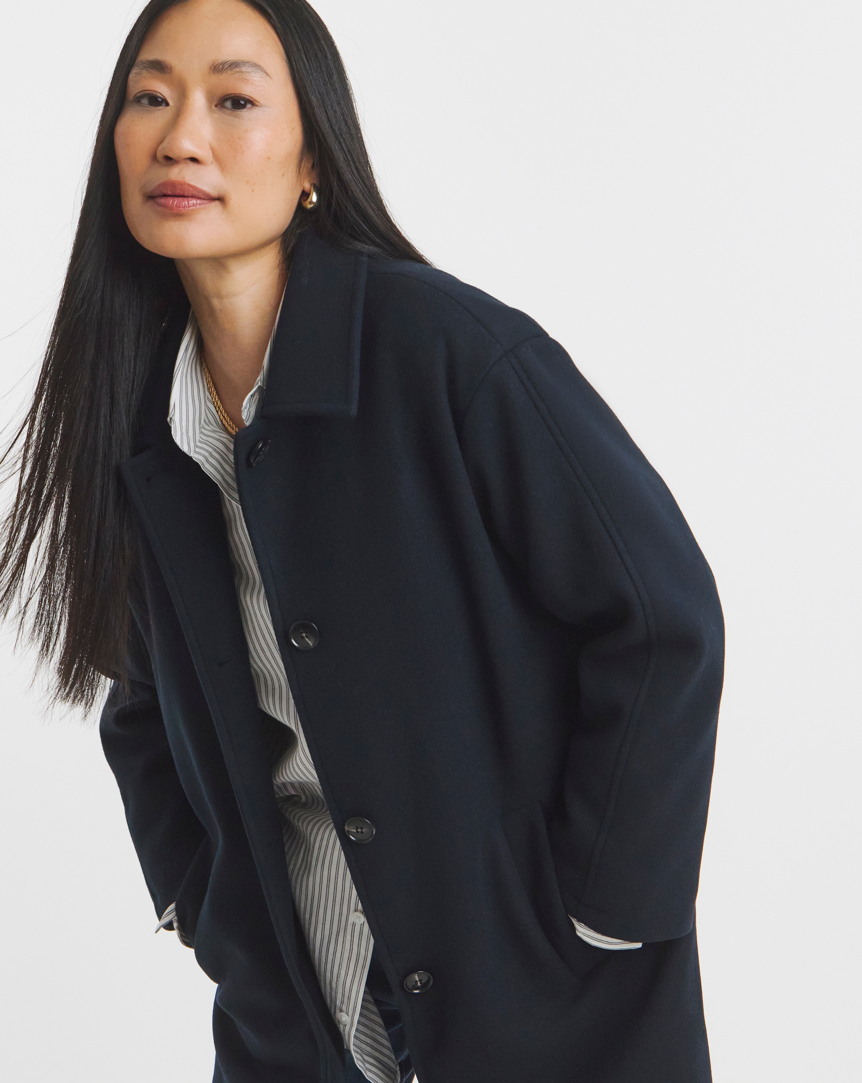 Navy High Collar Button Front Lined Coat | JD Williams