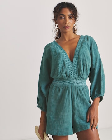 Shirred Detail Long Sleeve Plunge Beach Playsuit