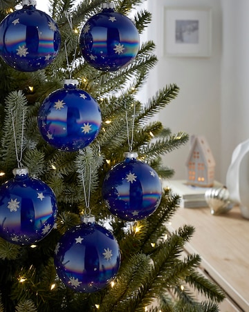 Set of 6 Iridescent Glass Blue Glitter Baubles with Glitter Stars