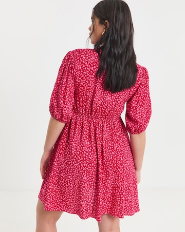 Simply Be Red and Pink Print Viscose Button Through Skater Dress
