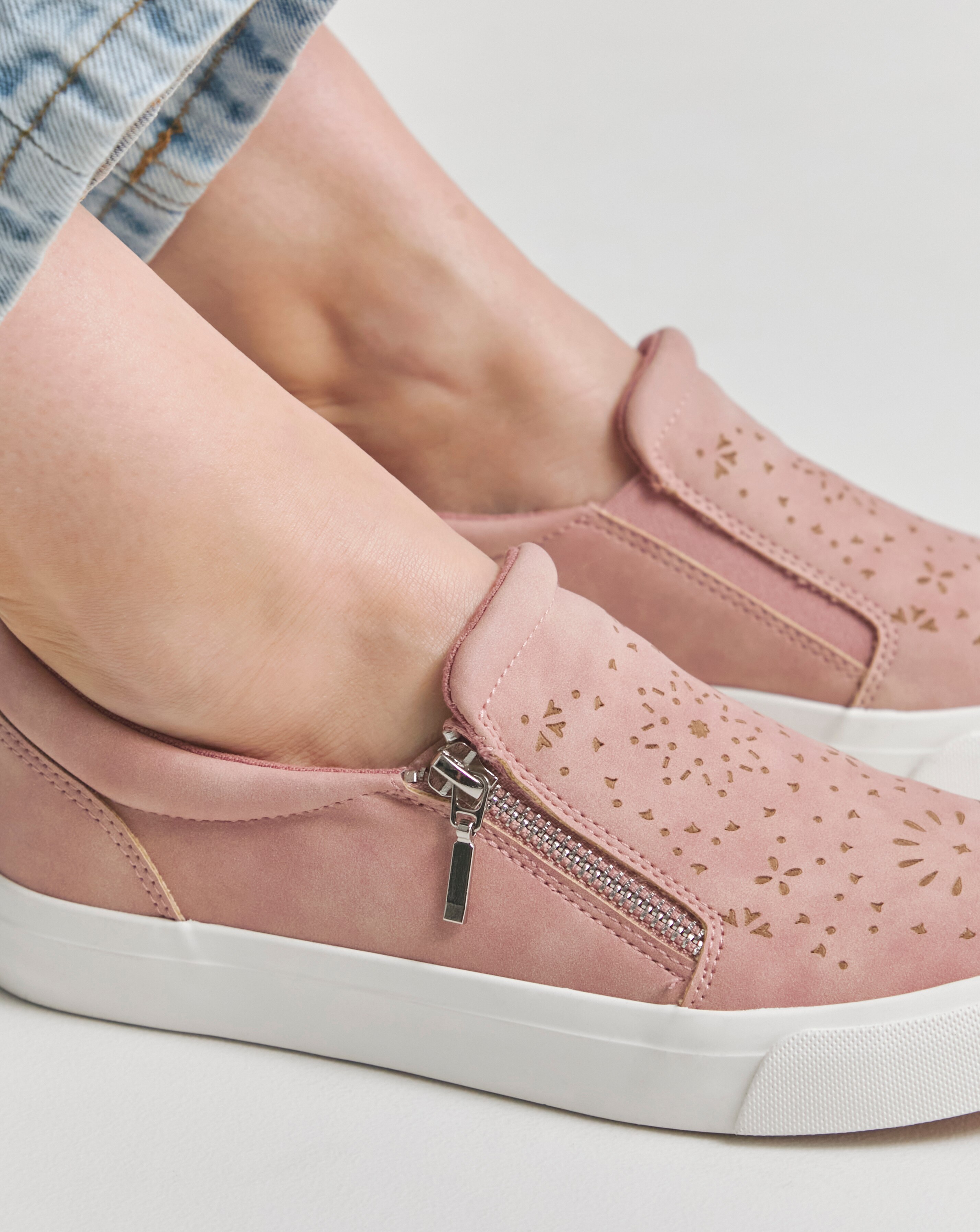 Beatrix Laser Cut Slip on Side Zip Trainer - Wide Fit (E)