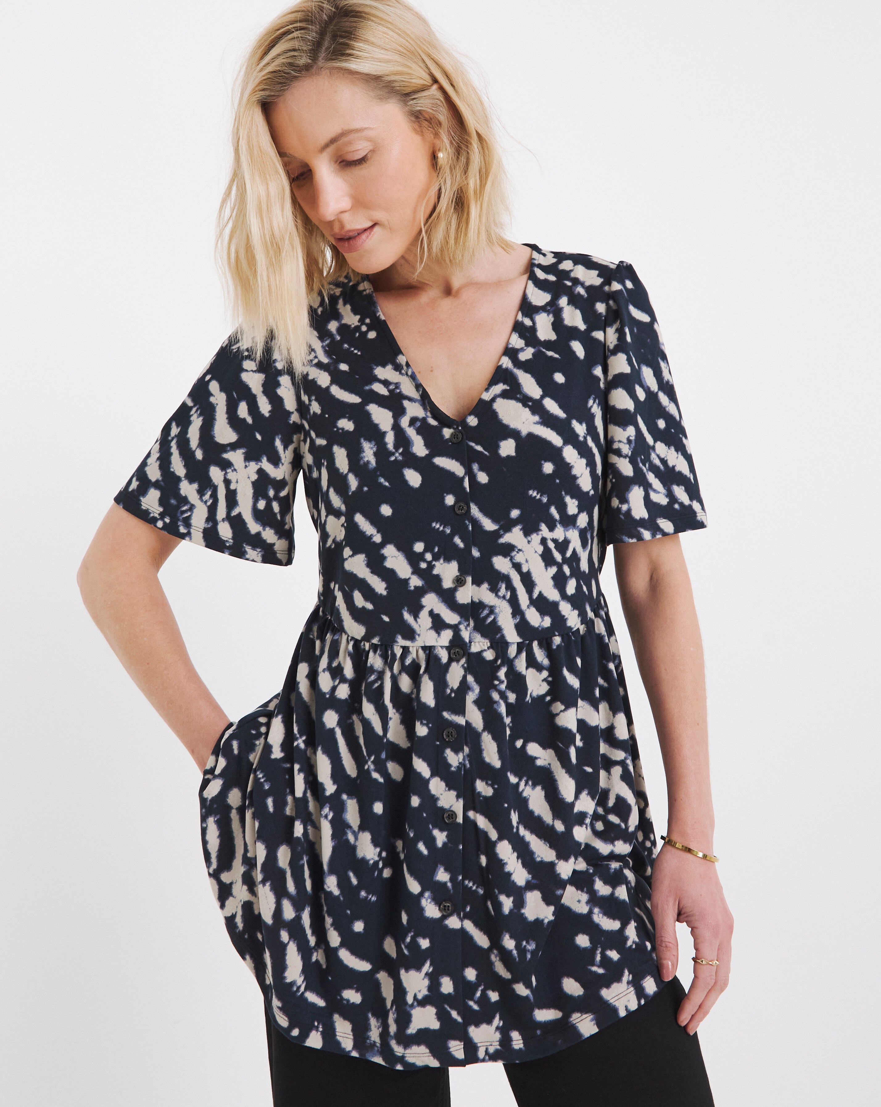 Sleeve Button Angel Sleeve Button Front Longline Top | JD Williams