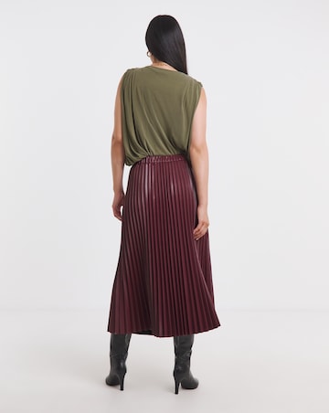 Burgundy PU Pleated Midi Skirt