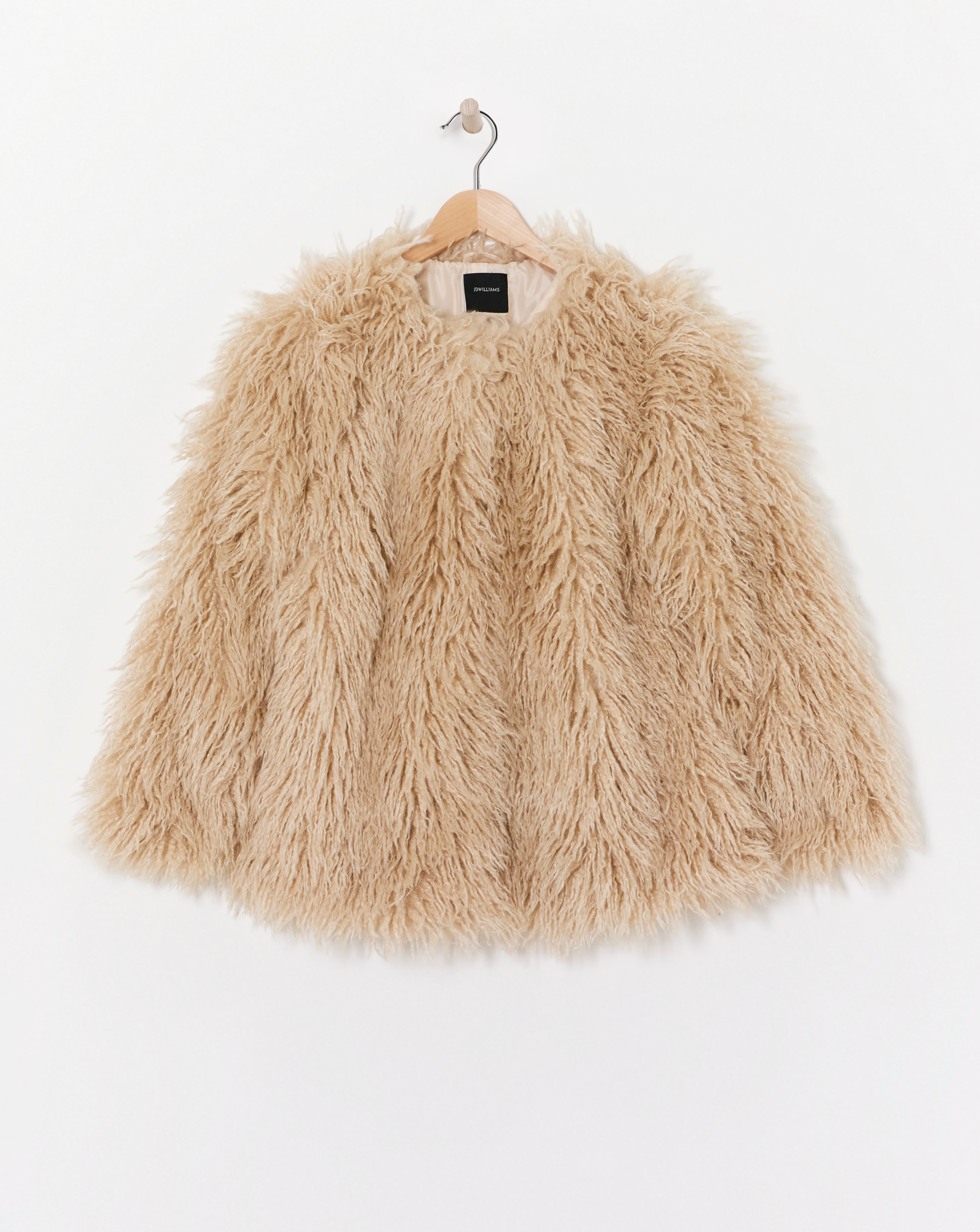 Cream Collarless Shaggy Faux Fur Coat