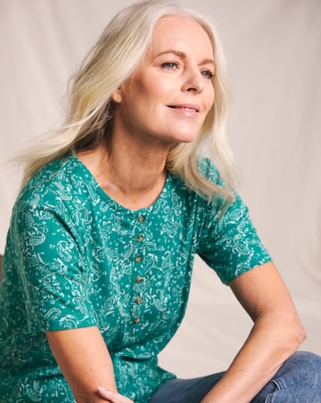 Julipa Printed Pure Cotton Ribbed Henley Top