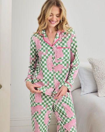 Chelsea Peers Organic Cotton Classic Pyjama Set Checkerboard Leopards Print
