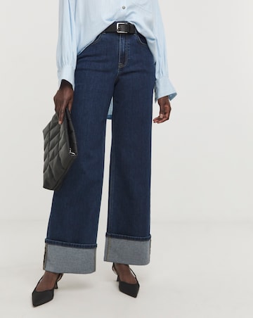 Raw Indigo Stretch Wide Leg Turn Up Jeans