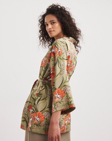 Khaki Floral Tie Belt Kimono