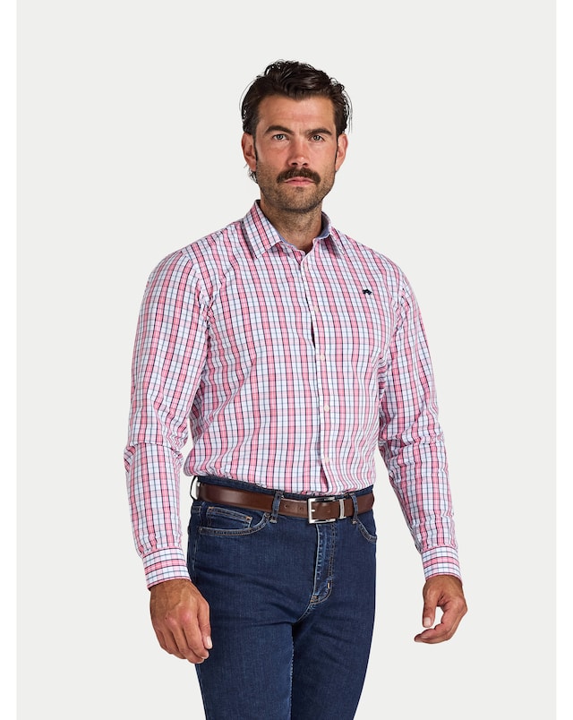 Raging Bull Long Sleeve Large Check Cotton Poplin Shirt Pink