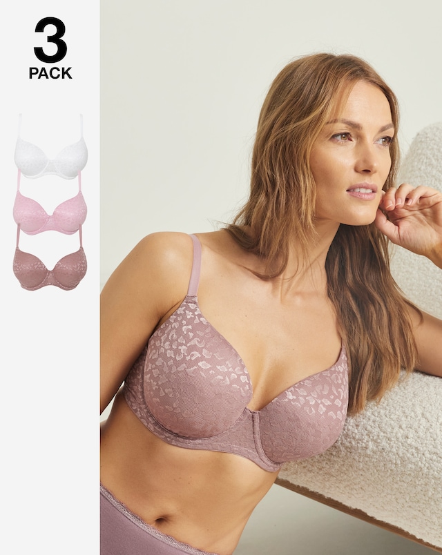 Pretty Secrets (3 Pack) Animal Lace T-Shirt Wired Bras (B-F) Mink/Pink
