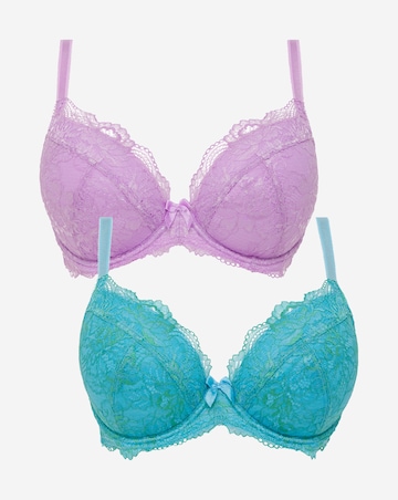 Pretty Secrets (2 Pack) Ella Lace Padded Plunge Wired Bras (B-J) Lilac/Blue
