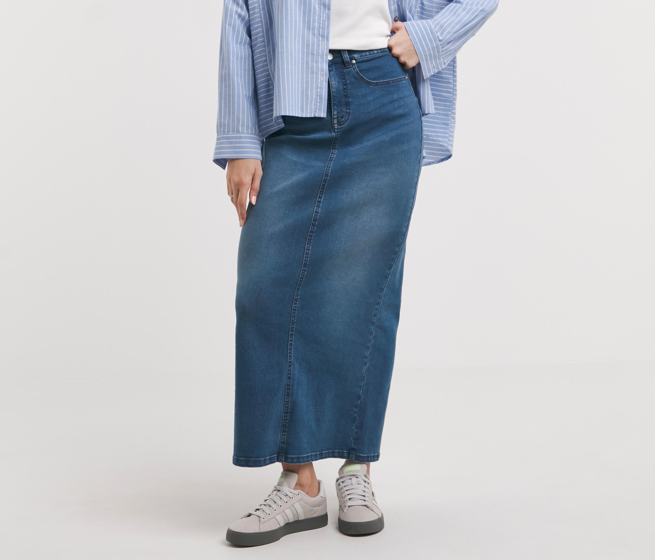 Lady wearing denim skirt