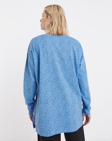 Pure Cotton Blue Print Slouch Long Sleeve Longline Top