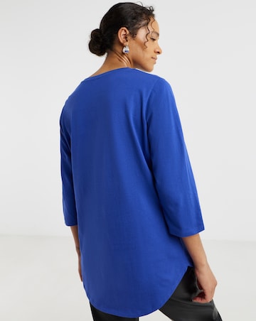 Blue Longline Curved Hem 3/4 Sleeve Top