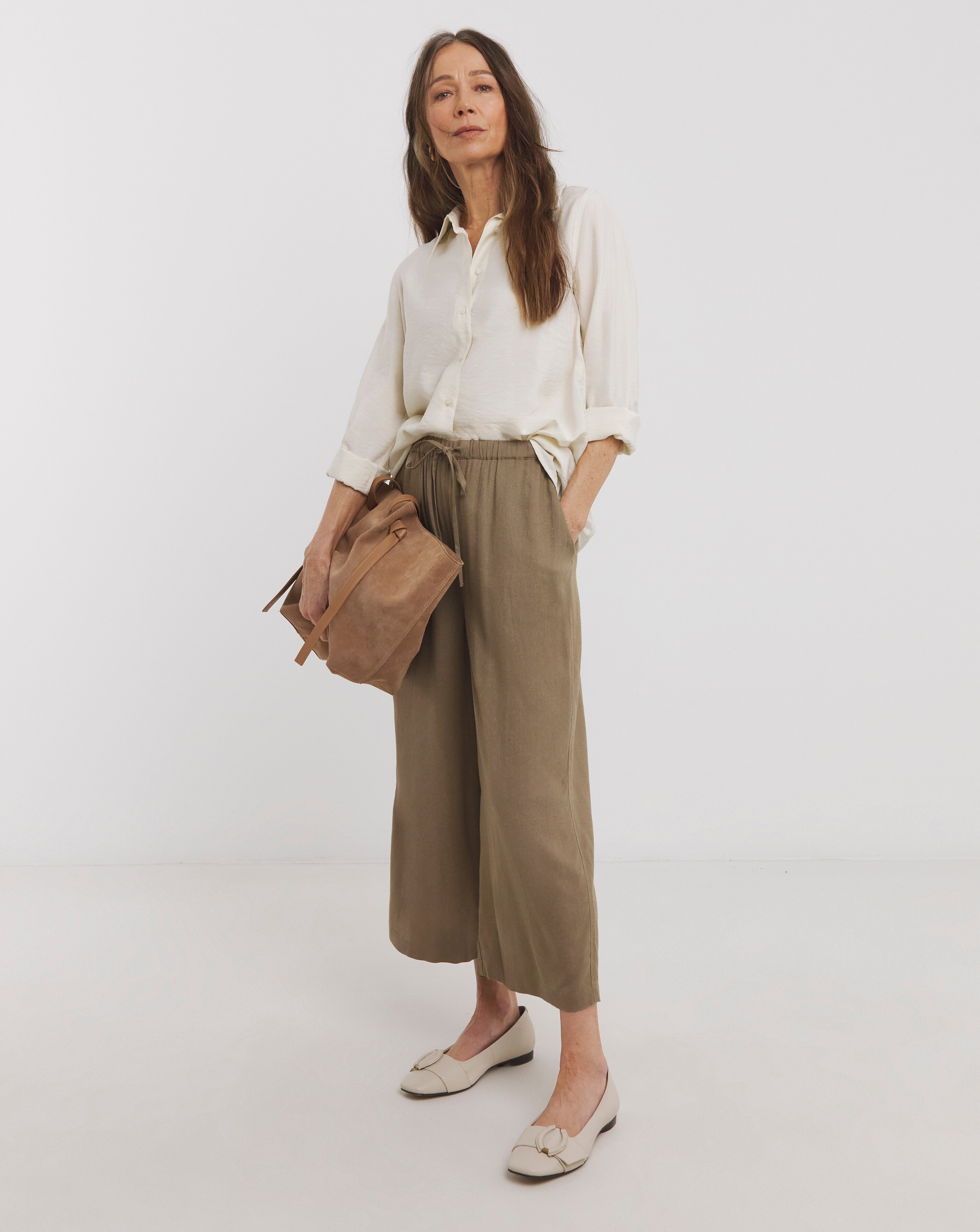 Taupe Linen Mix Cropped Wide Leg Culottes