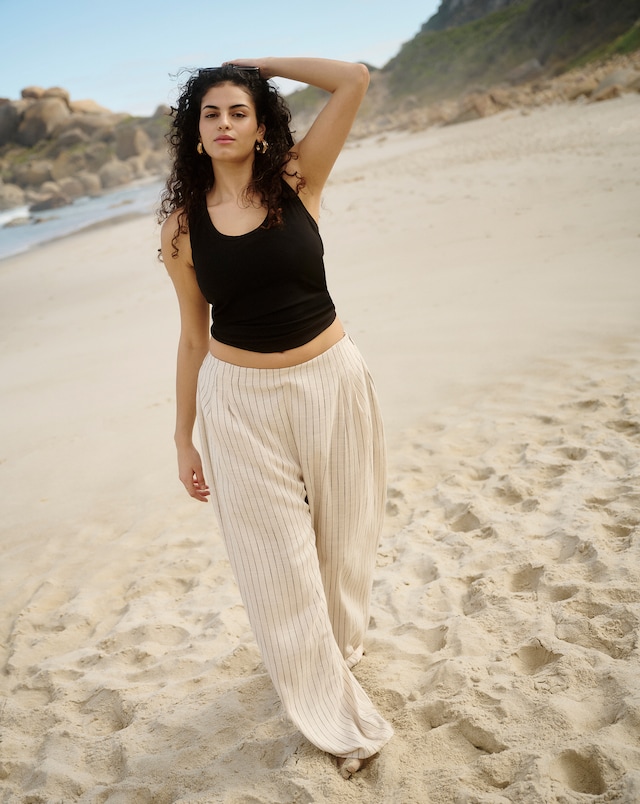 Simply Be Neutral Stripe Pleated Linen Mix Wide Leg Trouser