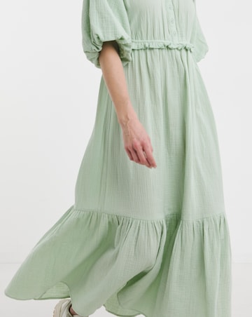 Pure Cotton Textured Bubble Sleeve Maxi Dress