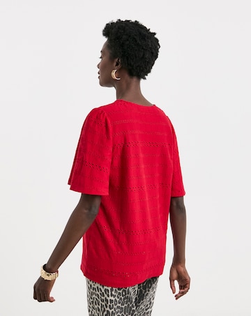 Pure Cotton Red Broderie V-Neck Angel Sleeve Top