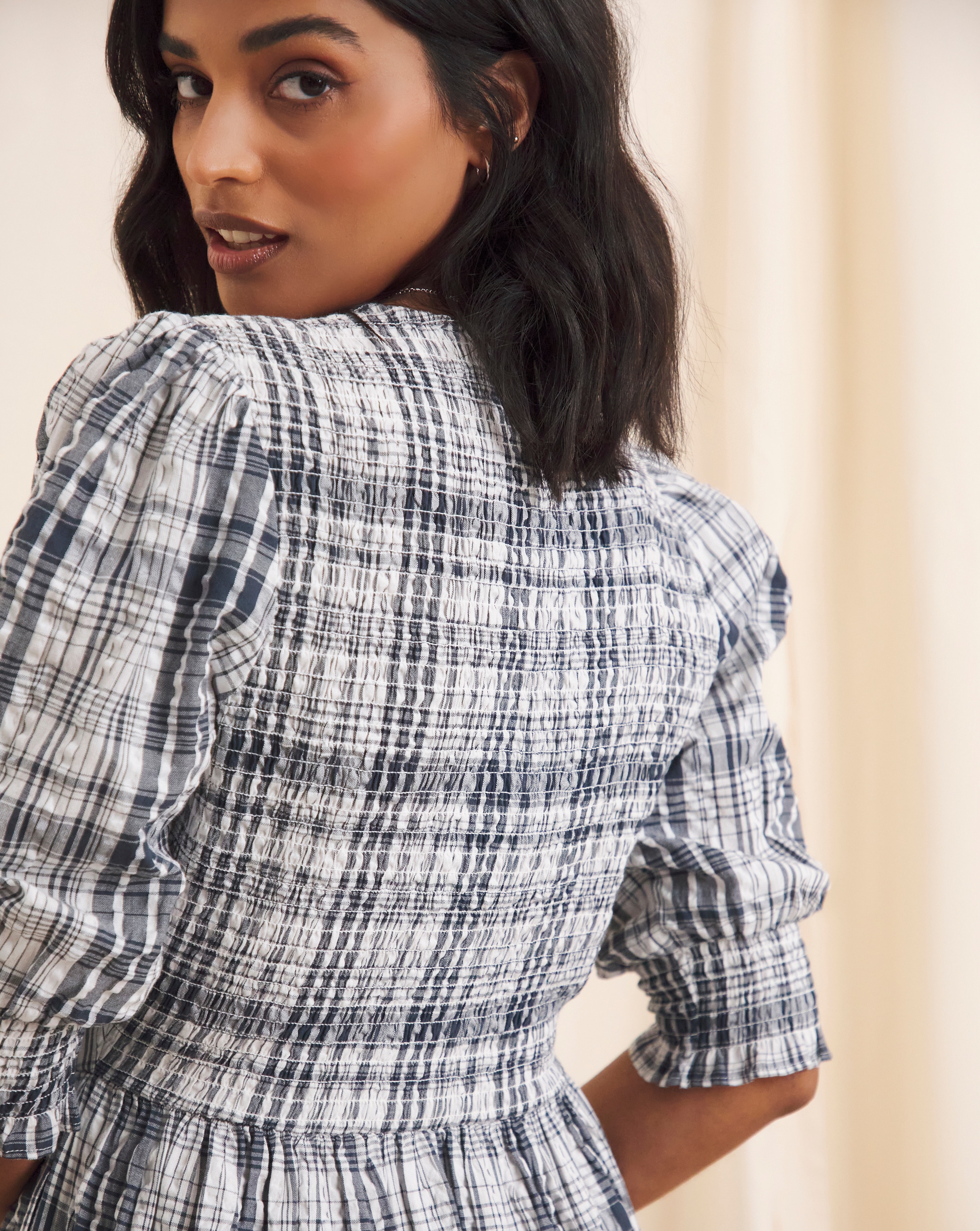 Anise Check Seersucker Erica V Neck Tiered Midi Dress | JD Williams