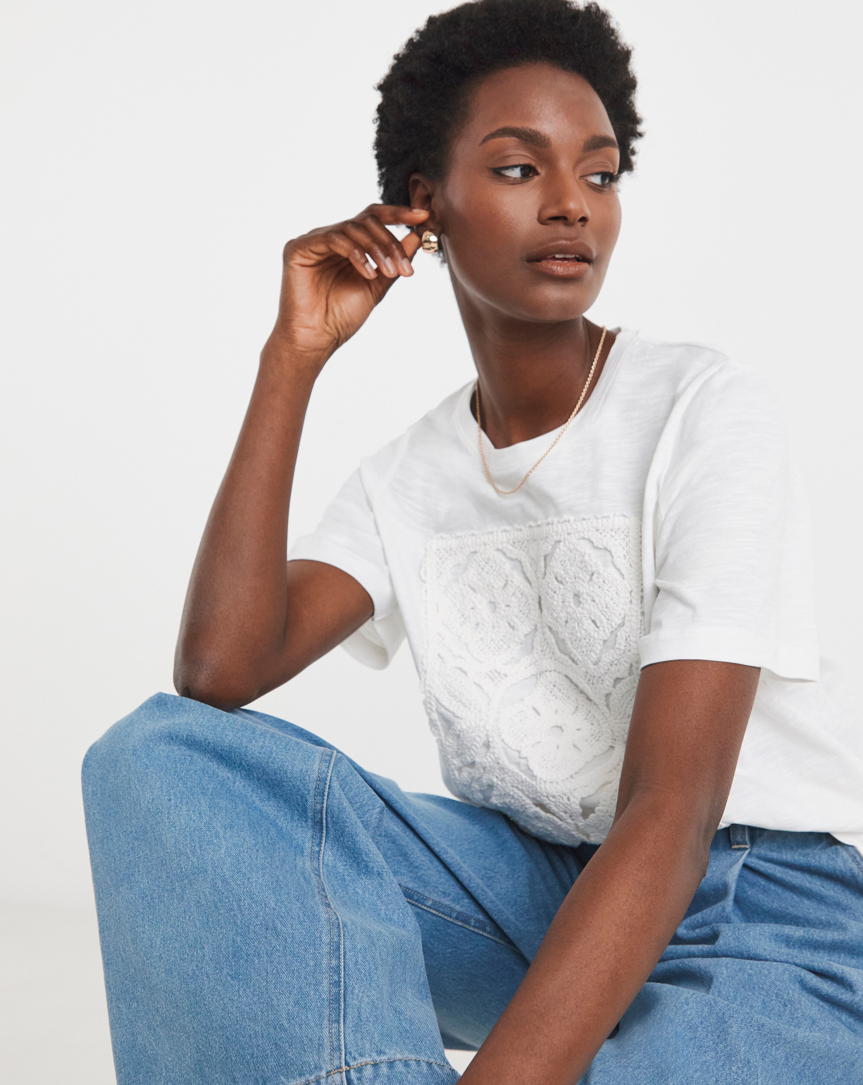 Pure Cotton White Crochet Placement T-shirt