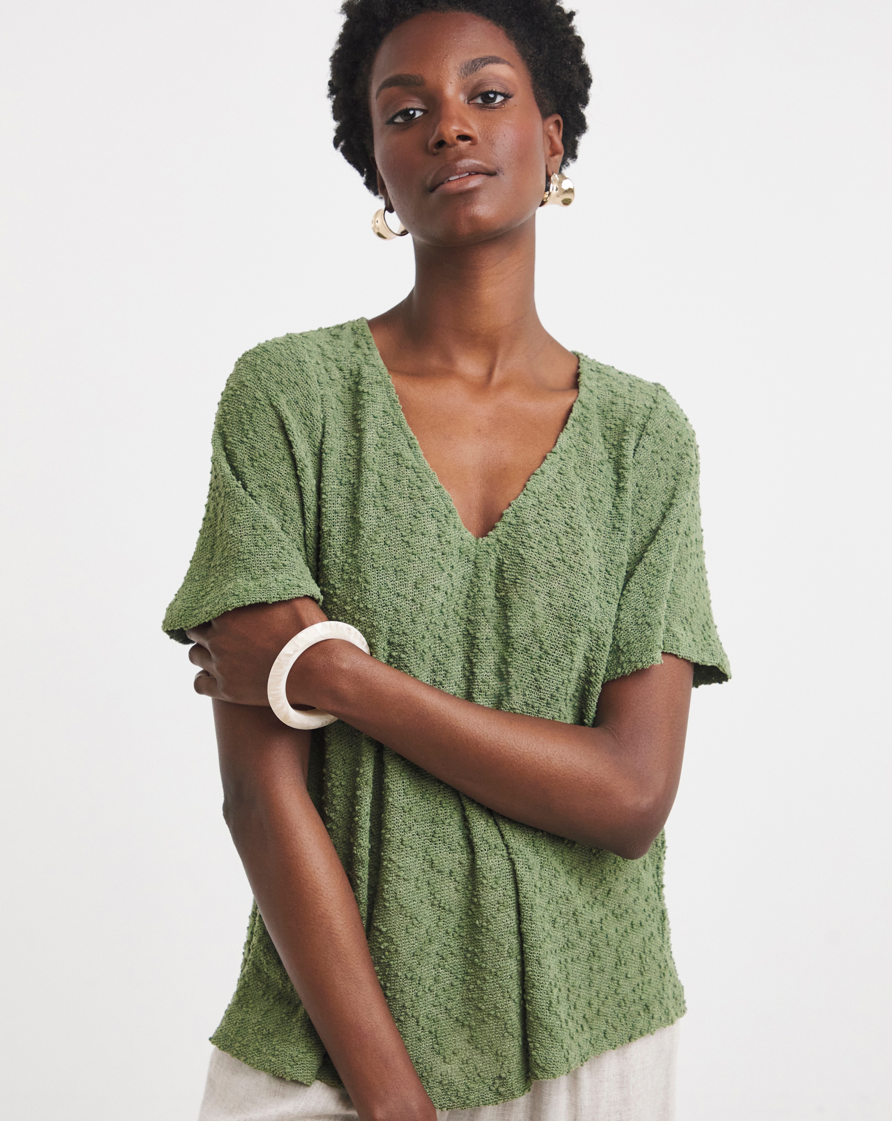 Khaki Boucle Angel Sleeve Top