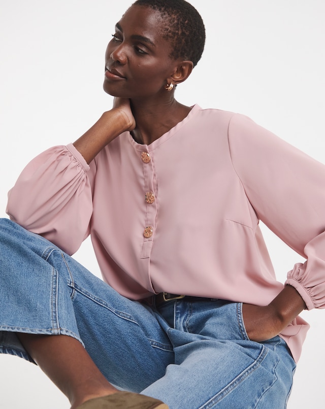 Button Detail Volume Sleeve Blouse