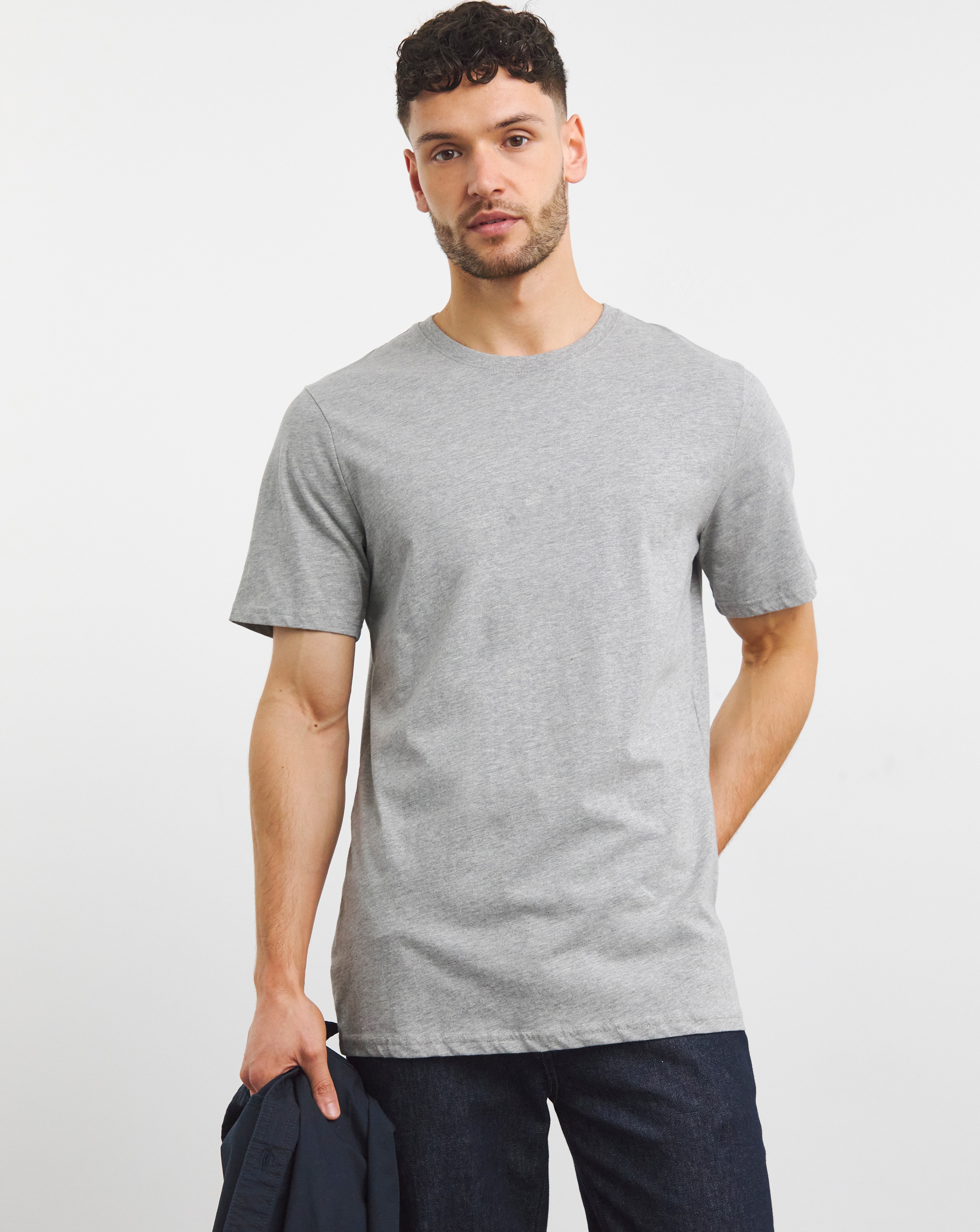 Pure Cotton Crew Neck T-Shirt Long Length- Grey Marl