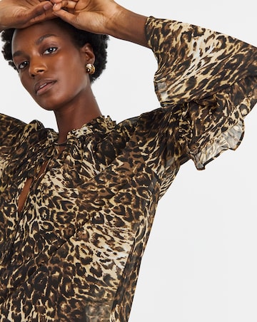 Womens Asymmetric Frill Long Sleeve Blouse - Blue Abstract