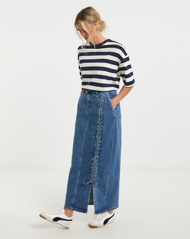 Blue Lace Detail Denim Maxi Skirt