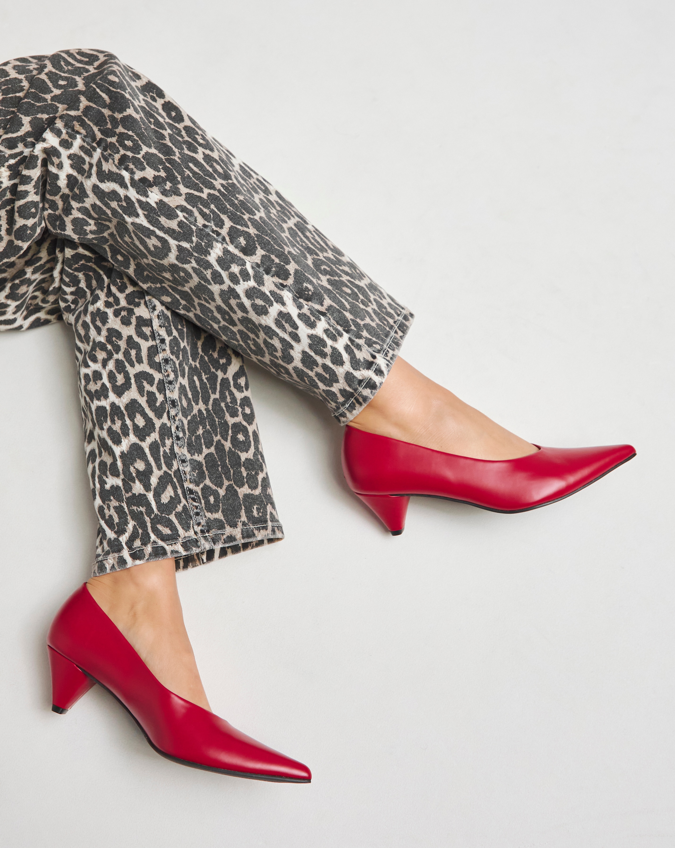 Soda Red Leather Kitten Heel Shoes Tanya Low Kitten Heel V Cut