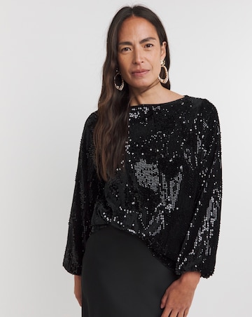 Sequin Velvet Slash Neck Volume Sleeve Top