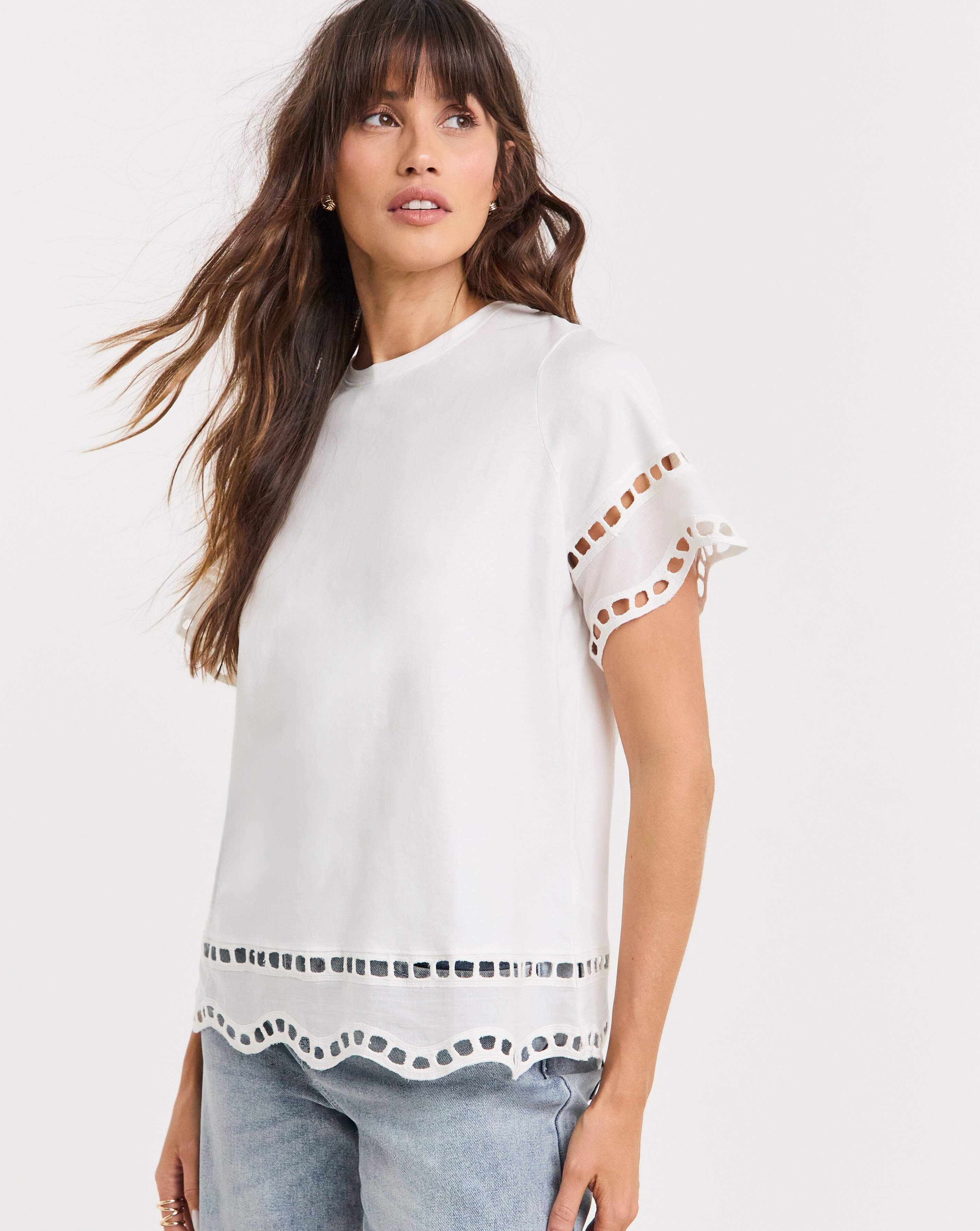 Pure Cotton White Crew Neck Broderie T-Shirt