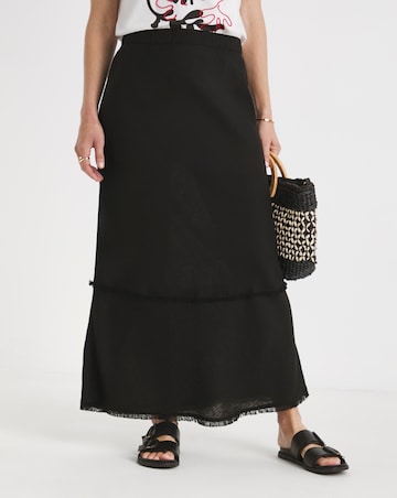 Black Linen Mix Frayed Hem Skirt
